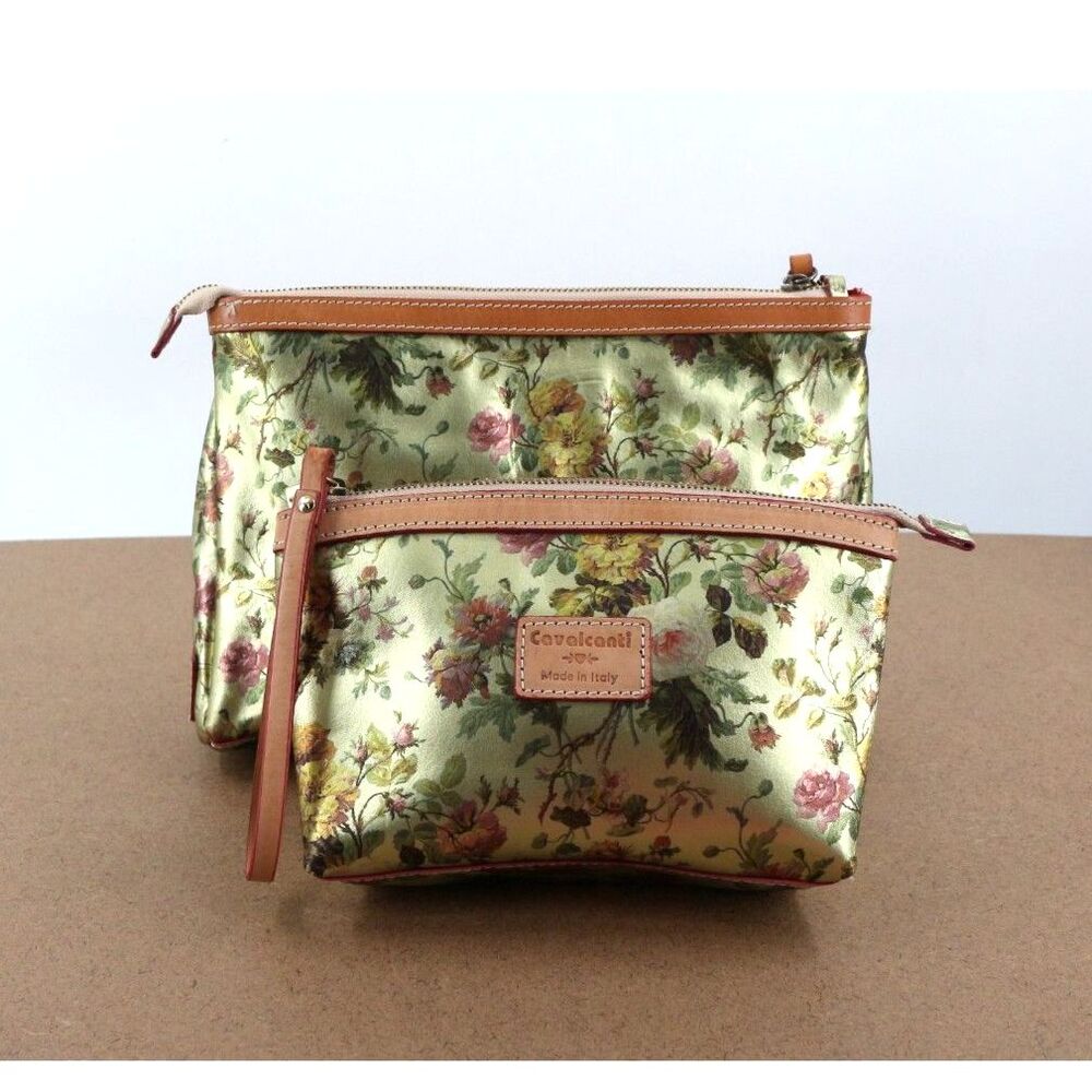 Cavalcanti Italian Genuine Leather Clutch Floral Wristlet Set 2 Metallic Floral